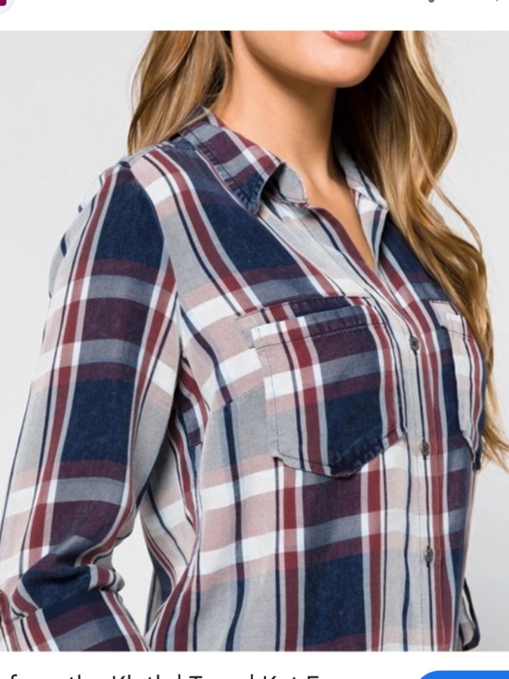 Kut from the Kloth women’s Navy, Burgundy & White Plaid Button-Up Shirt